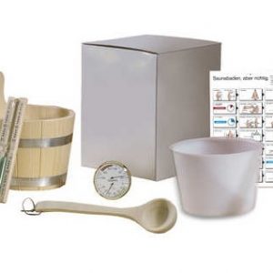 Saunaset: zandloper groen zand, kuip met inzet, lepel, hygrotherm