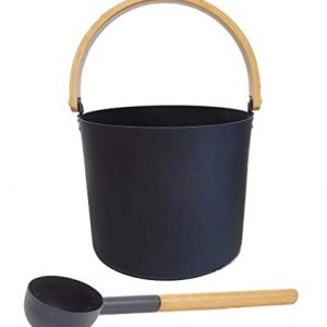 Zwart metalen design kuipje met handvat in bamboo